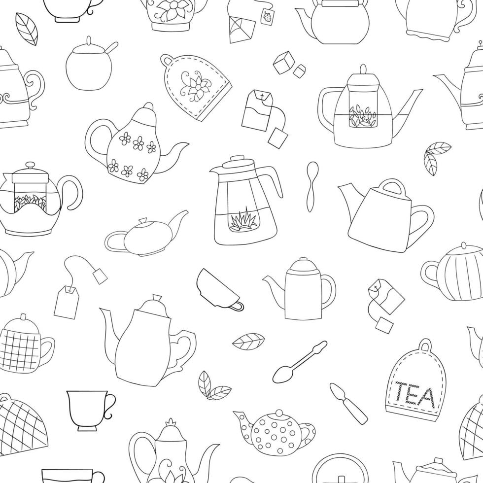 Vector seamless pattern of black and white teapots. Monochrome tea repeat background. Linear art kettles on white background. Vintage  doodle style backdrop