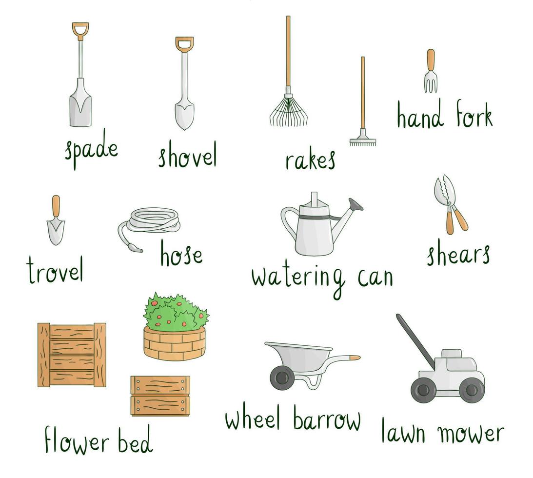 Vector set of colored garden tools, flowers, herbs, plants with lettering. Bright  pack of spade, shovel, rakes, wheel barrow, watering can, shears, lawn mower, hose, trowel, hand fork, flower bed
