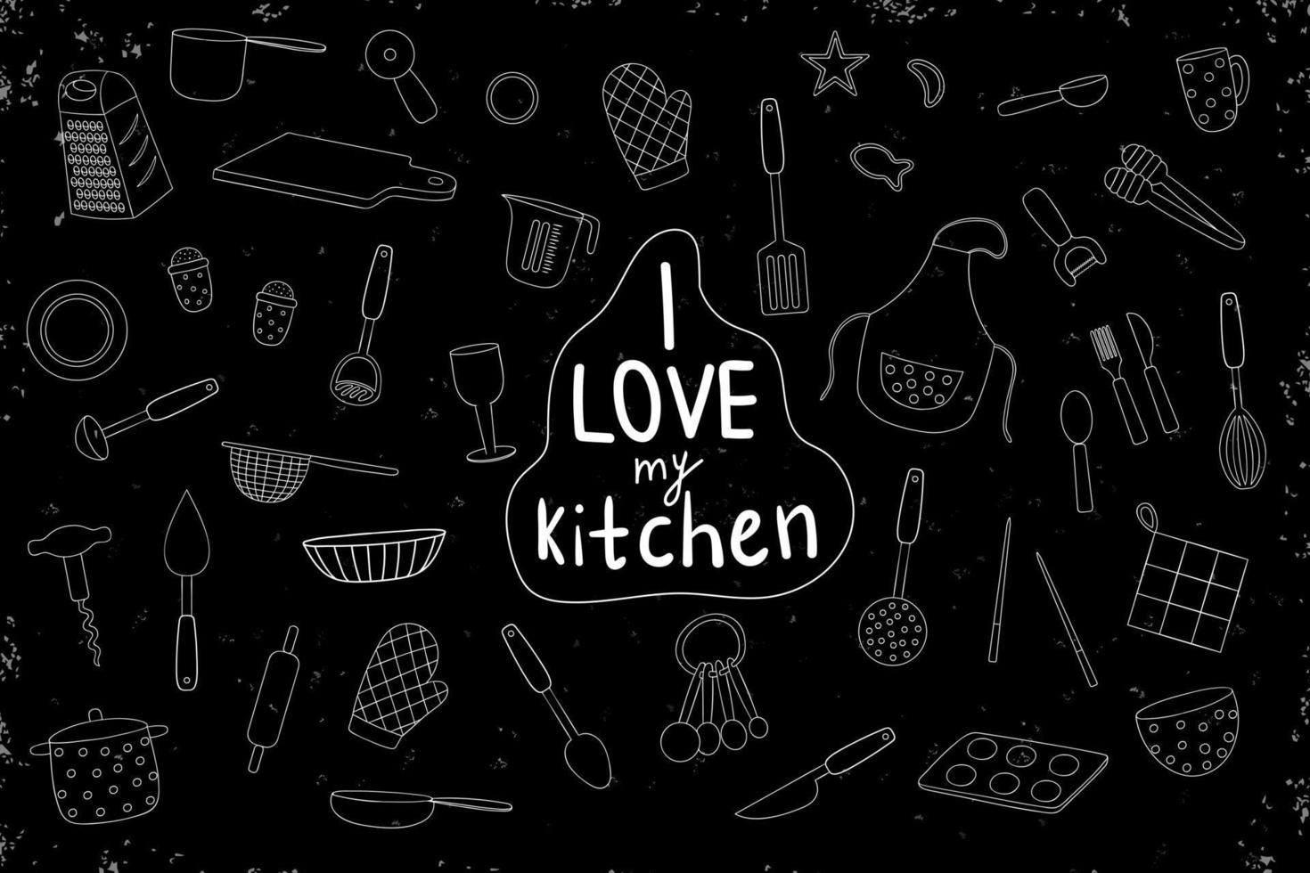 Vector set of white kitchen tools on black background. Monochrome pack of apron, cutlery, chopping board, saucepan, measuring cup, grater, whisk, dish, glass, fork, mug, chopsticks, pizza cutter