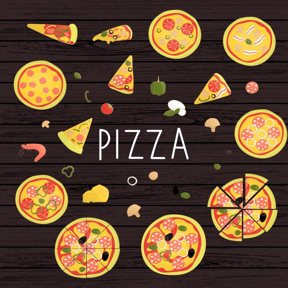 vector conjunto de pizza de colores. colección de piezas de pizza brillantes aisladas, queso, tomate, pimiento, albahaca, champiñones, salchichas, salami, tocino, aceitunas, camarones, mozzarella, gambas