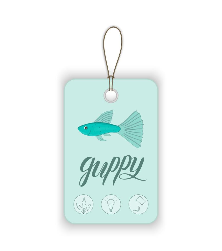 Vector price tag with aquarium fish and lettering. Illustration for pet shops. Aquarium fish names and icons. Cute guppy picture