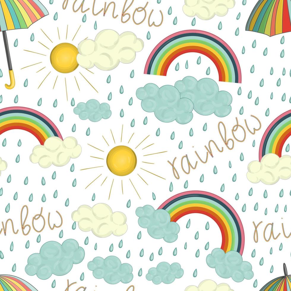 Vector seamless pattern of colorful rainbow. Cute cartoon style repeat background with weather elements. Rainy endless backdrop for children