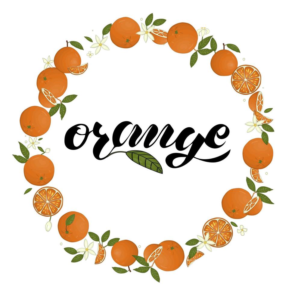 Vector wreath of oranges with lettering. Hand drawn cartoon style illustration. Cute frame with citrus fruit, leaves, flowers, twigs. Fresh food illustration for natural organic food or card design