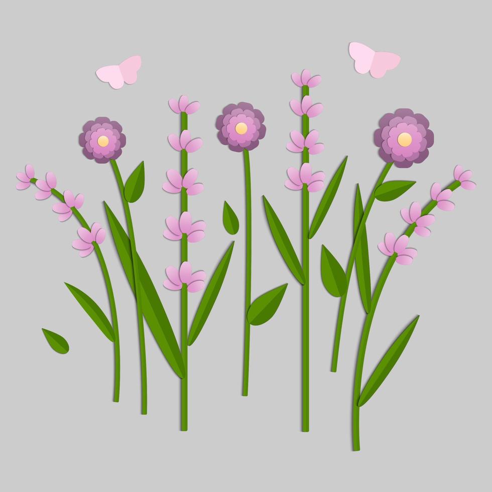 Vector illustration of paper cut pink flowers on grey background. Good for greeting card, stationery, poster