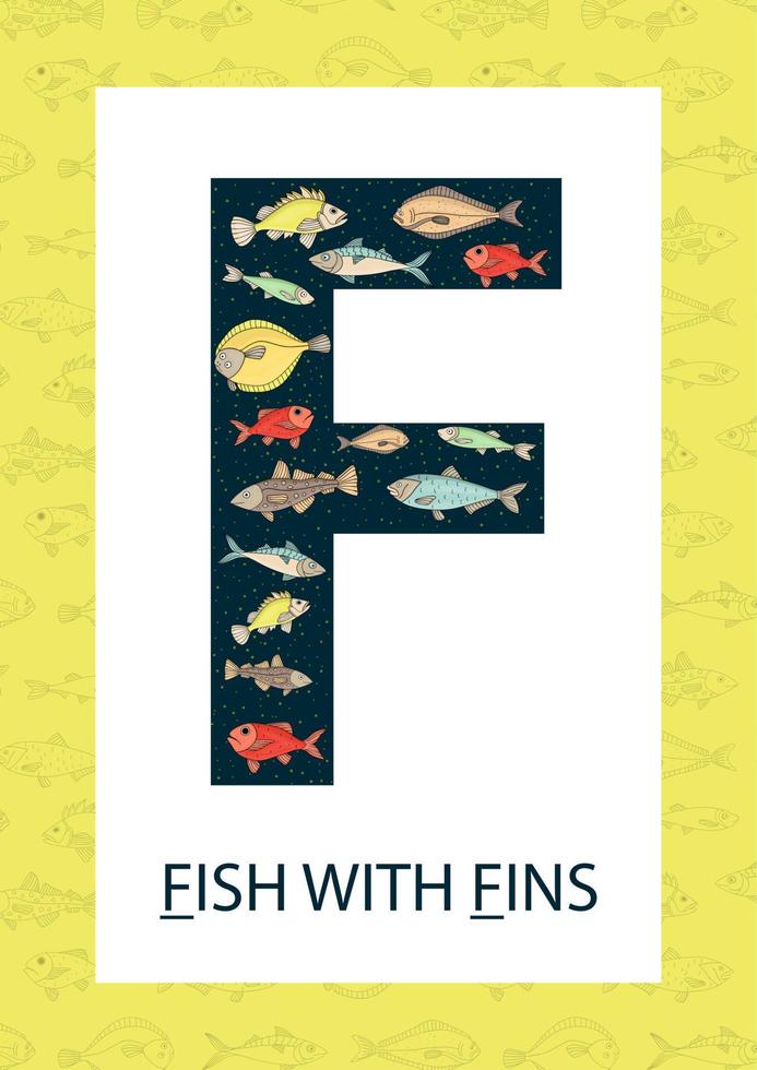 Colorful alphabet letter F. Phonics flashcard. Cute letter F for teaching reading with cartoon style fish. vector