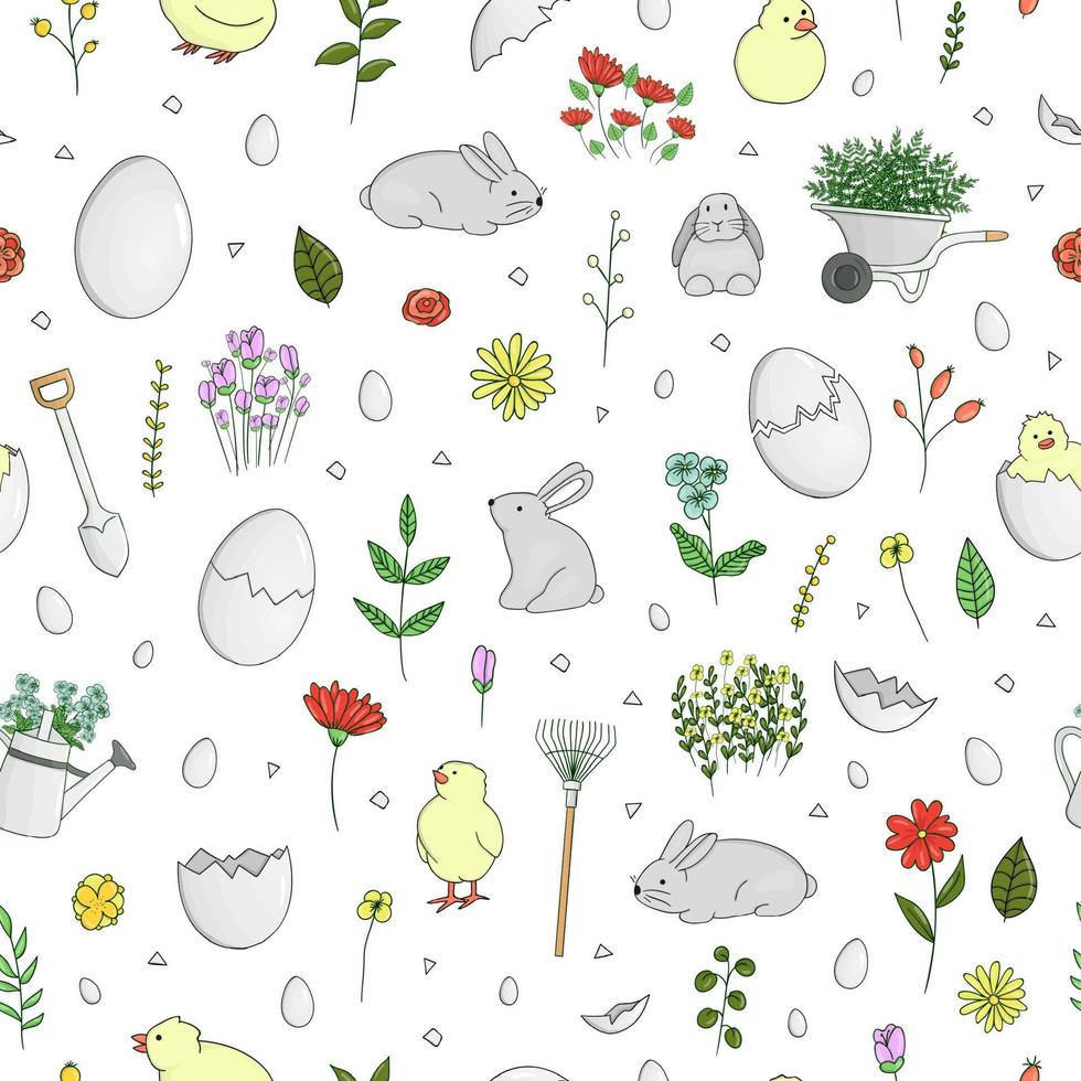 Vector seamless pattern with hatching chicks, eggs, eggshell pieces, herbs, plants, garden elements, rabbits isolated on white. Cute cartoon style background. Hand drawn doodle backdrop for Easter.