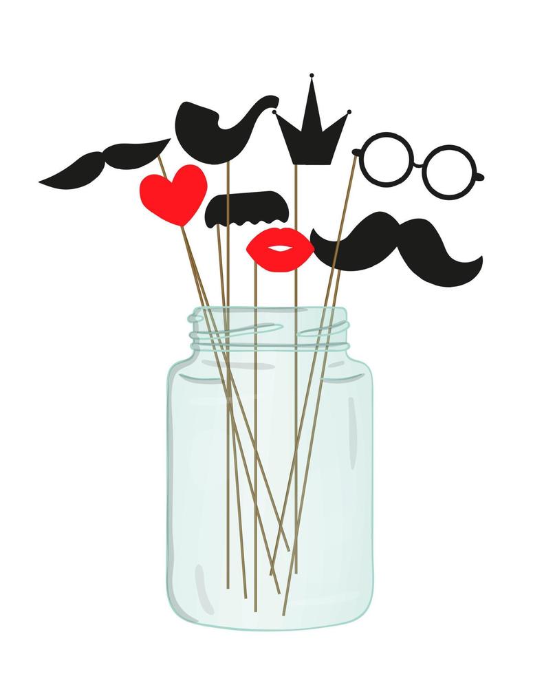 Vector illustration of moustache, glasses, lips, heart, crown, pipe on stick in a glass jar. . Illustration for holiday or party. Moustache season poster. Photo booth props picture