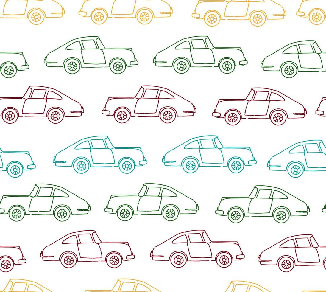 Vector seamless pattern of textured retro cars. Vector repeat background of vintage colored transport isolated on white background. Cartoon style endless illustration of old means of transport