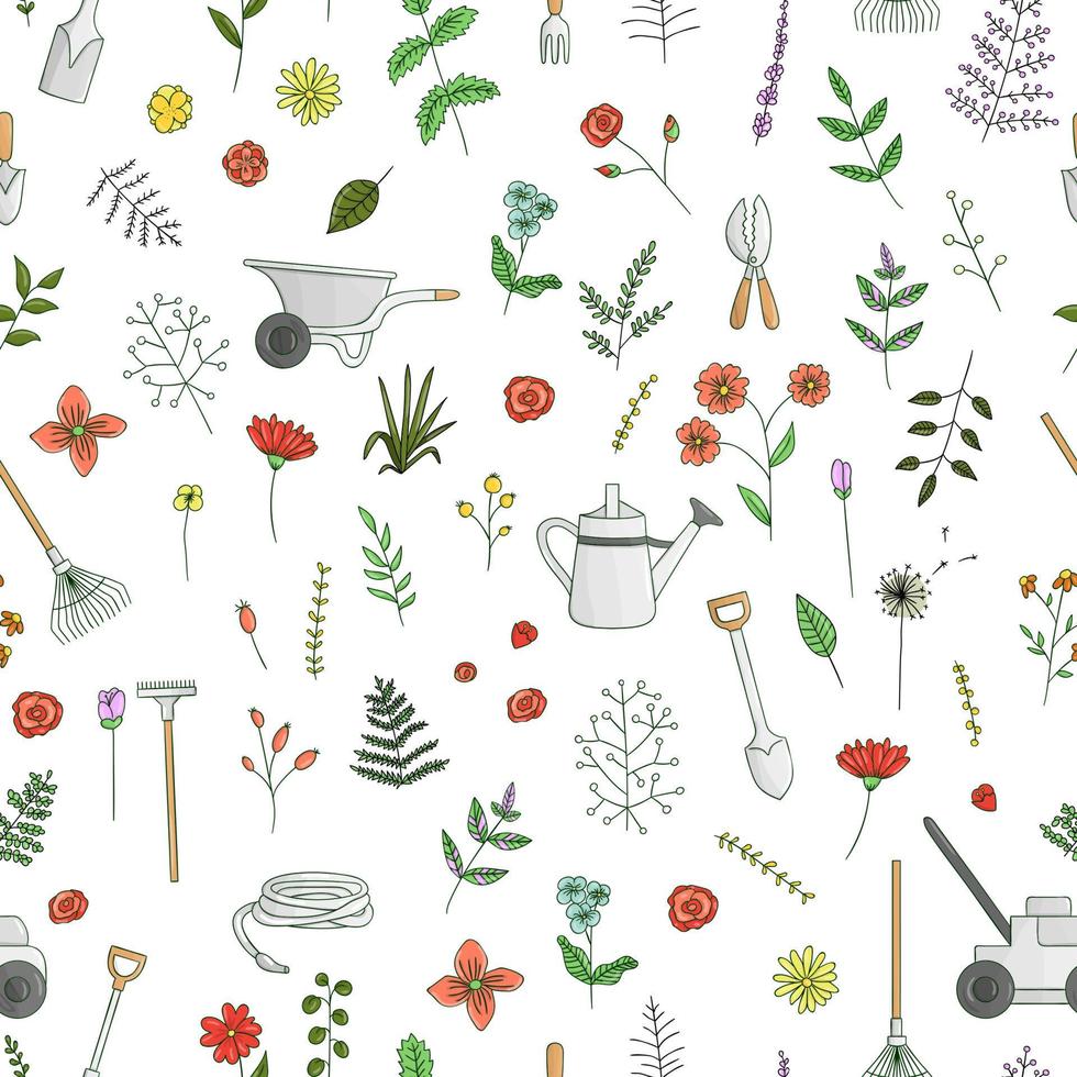 Vector seamless pattern of colored garden tools, flowers, herbs, plants. Repeat background with spade, shovel, rakes, wheel barrow, watering can, shears, lawn mower, hose, trowel, hand fork