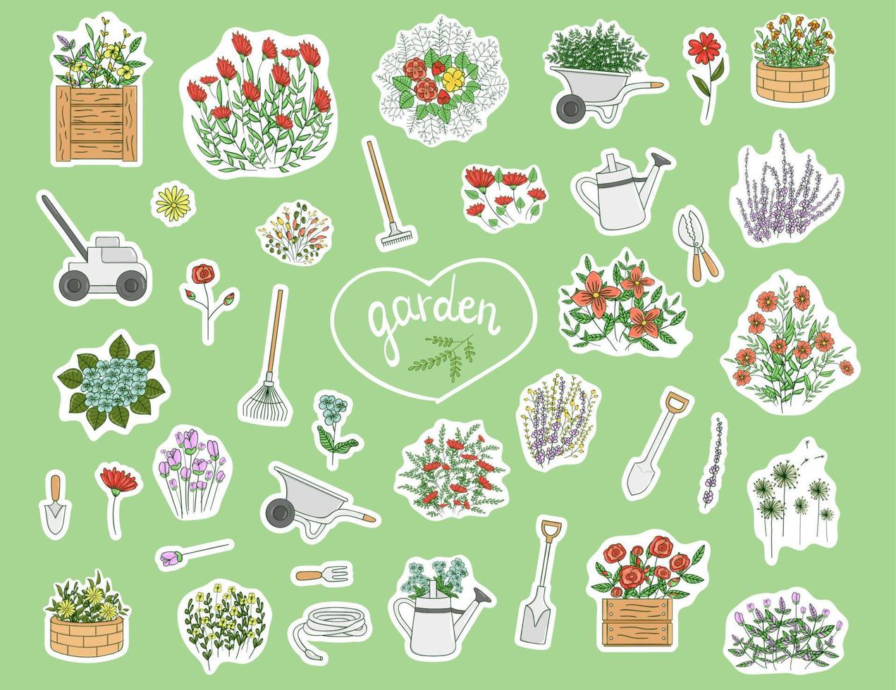 Vector set of colored stickers with garden tools, flowers, herbs, plants. Bright  pack of spade, shovel, rakes, wheel barrow, watering can, shears, lawn mower, hose, trowel. Cartoon style