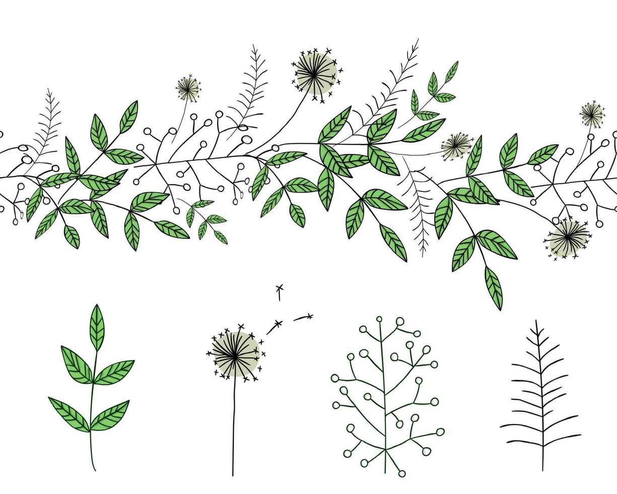 Vector  set of garden plant design elements and pattern brush with stylized dandelion. Hand drawn cartoon style illustration. Cute summer or spring templates for wedding, holiday or card design