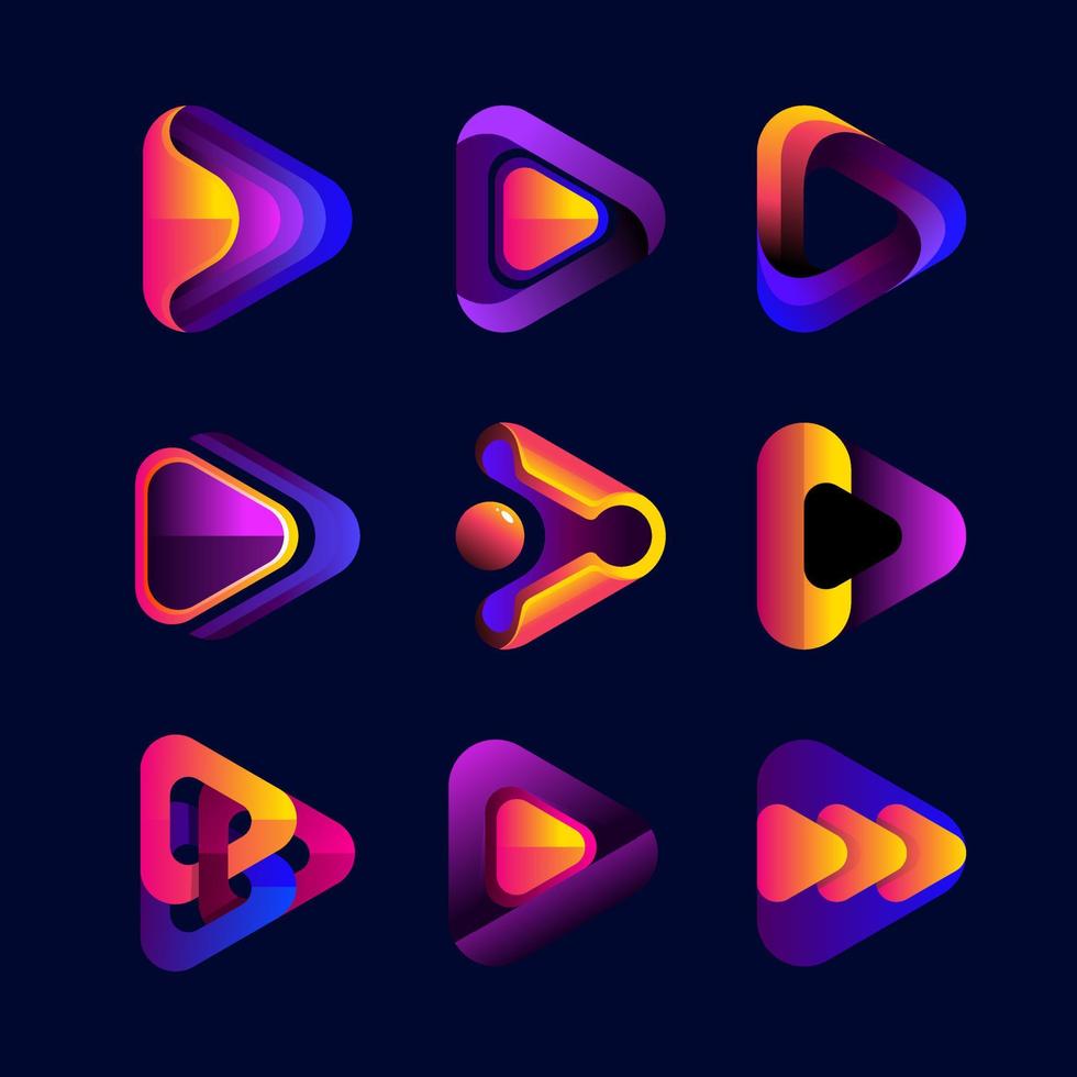 3d Play logo design with purple and orange gradient colors, set of vector icon template bundles.