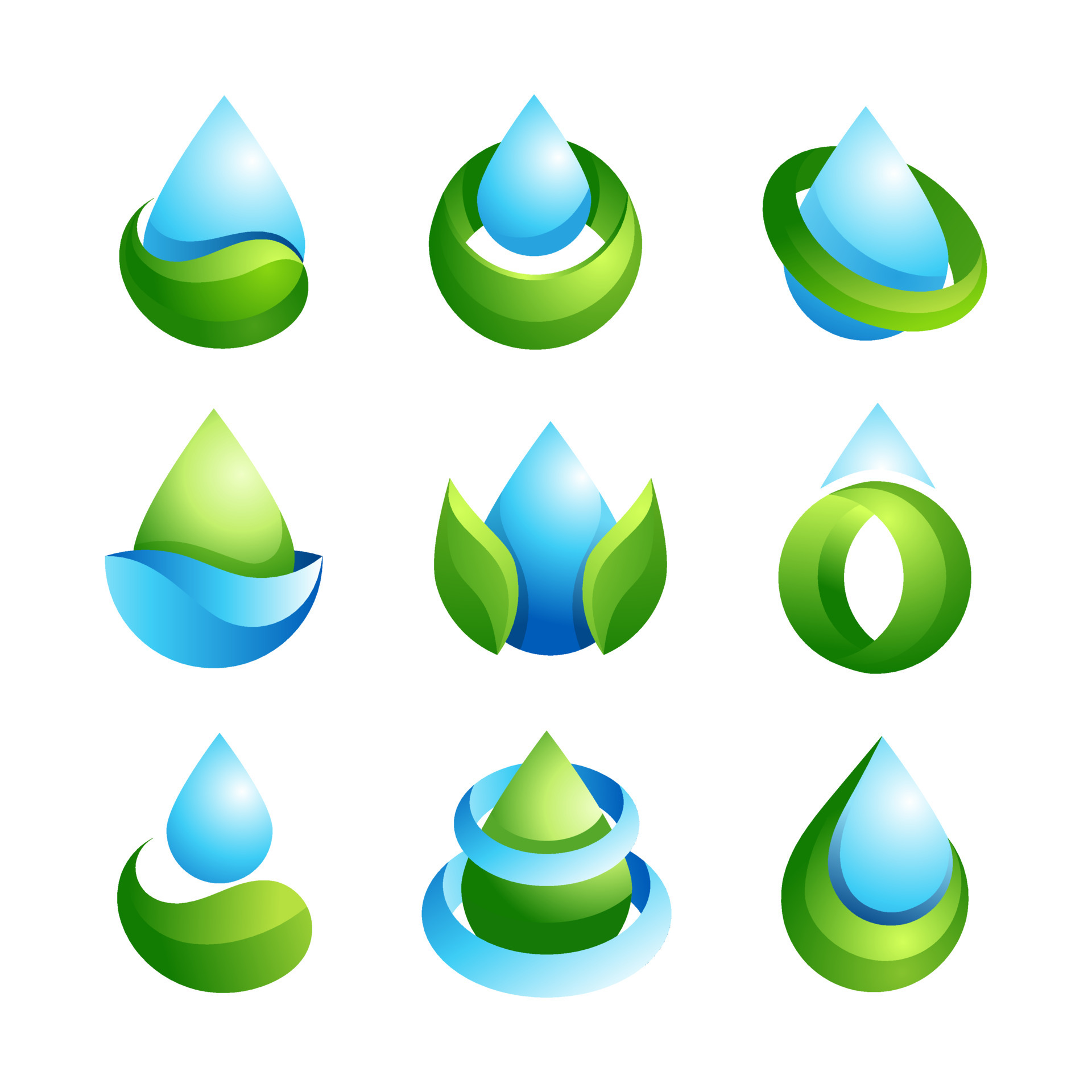 3d water drop logo design with blue and green gradient colors, set of