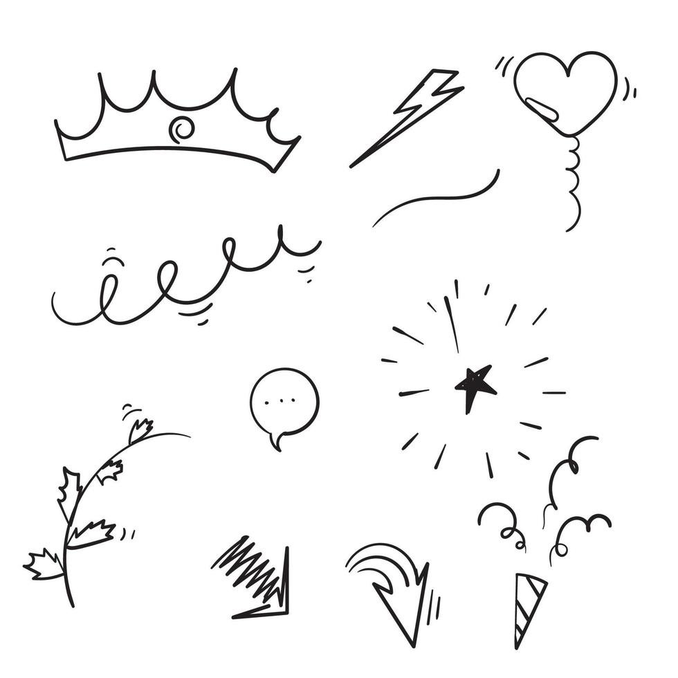 doodles collection of curly arrow. swishes, swoops, swirl, heart, love, crown, firework, highlight text and emphasis element isolated background vector