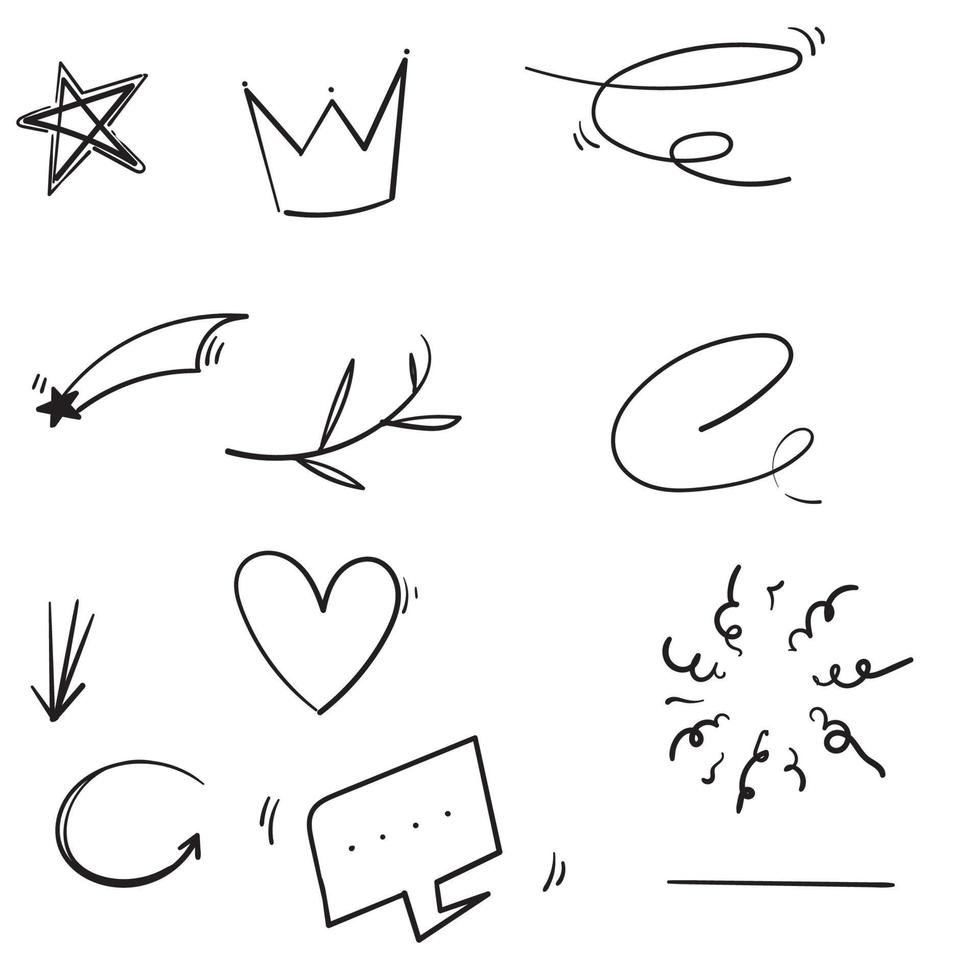 doodles collection of curly arrow. swishes, swoops, swirl, heart, love, crown, firework, highlight text and emphasis element isolated background vector