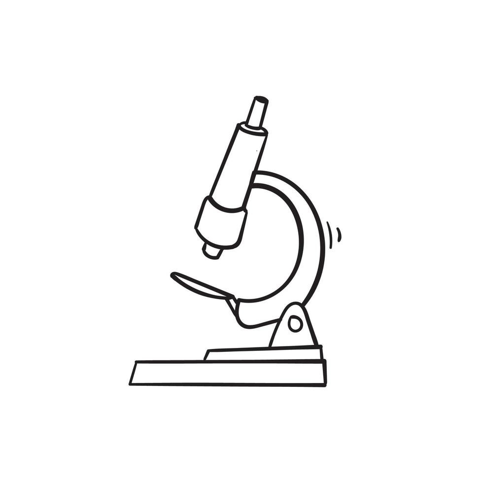 microscopio de garabato. Química dibujada a mano, instrumento farmacéutico, herramienta de aumento de microbiología. símbolo de la ciencia, la química y la exploración. icono de ilustración de microscopio de laboratorio de vector