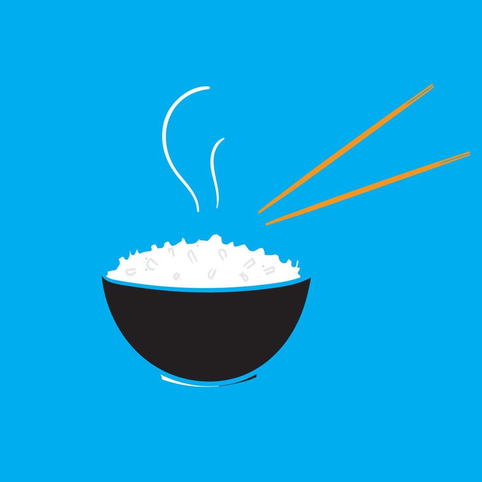 arroz dibujado a mano en un tazón con palillos para restaurante en vector de estilo doodle