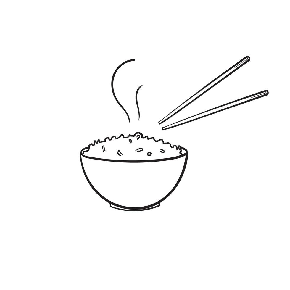 arroz dibujado a mano en un tazón con palillos para restaurante en vector de estilo doodle