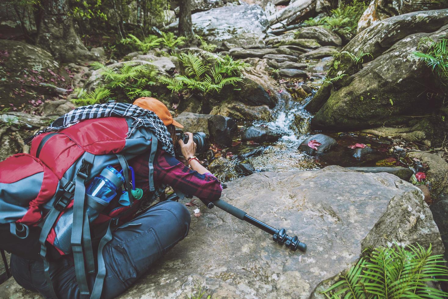 fotografo mujeres asiáticas viajando fotografia naturaleza. viaje relajarse en el paseo de vacaciones en el bosque. viajar relajarse en las vacaciones. tailandia foto