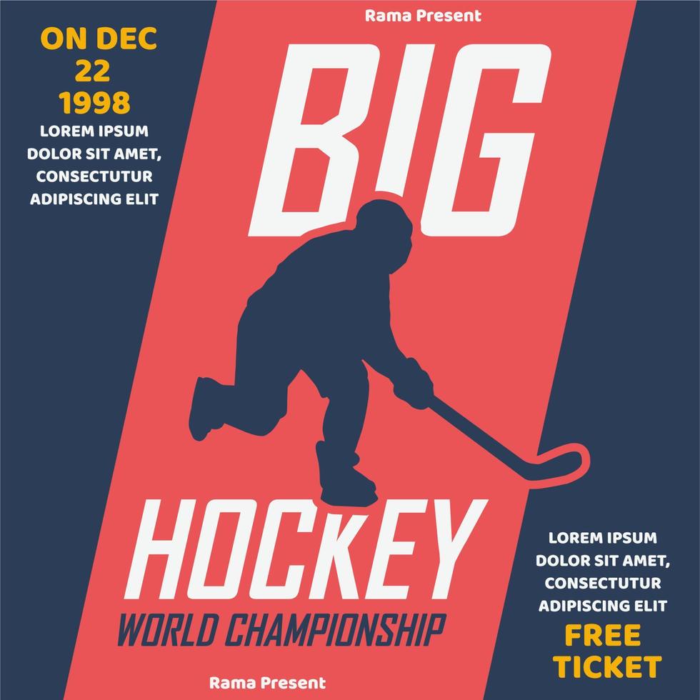 diseño de carteles gran campeonato de hockey con jugador de hockey sosteniendo el palo ilustración plana vector