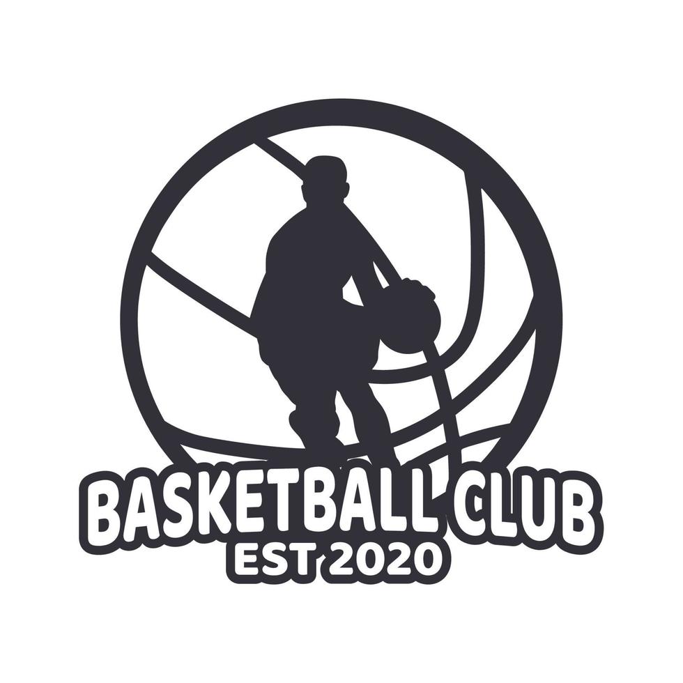 diseño de logotipo club de baloncesto con hombre jugando baloncesto vector simple blanco y negro