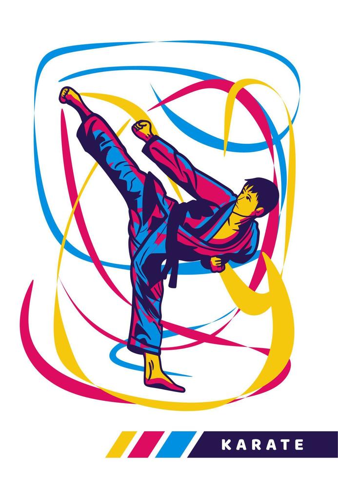 vector illustration man doing kick karate martial art with motion color vector artwork