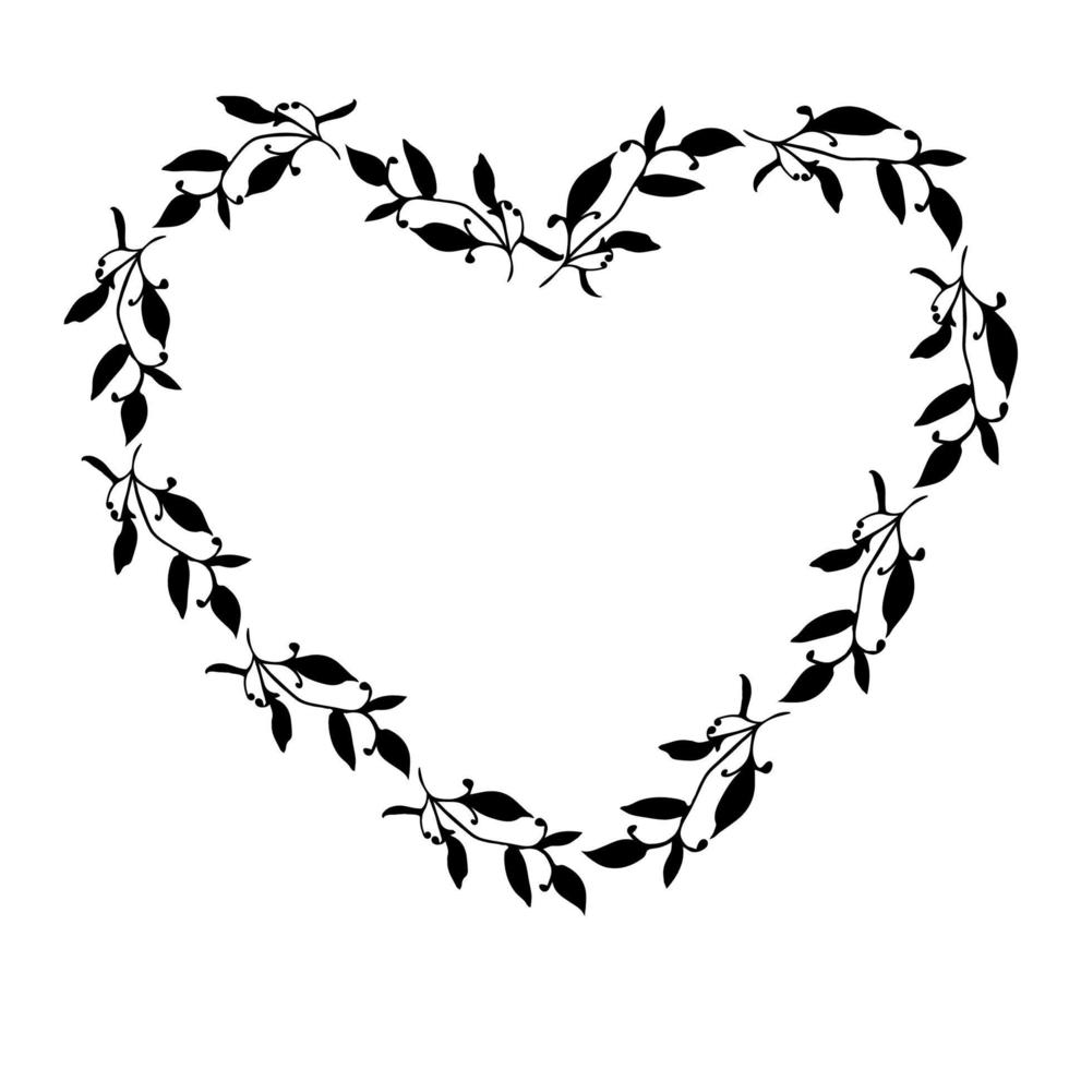 Marco floral de corazón de tinta negra para boda o tarjeta del día de San Valentín vector