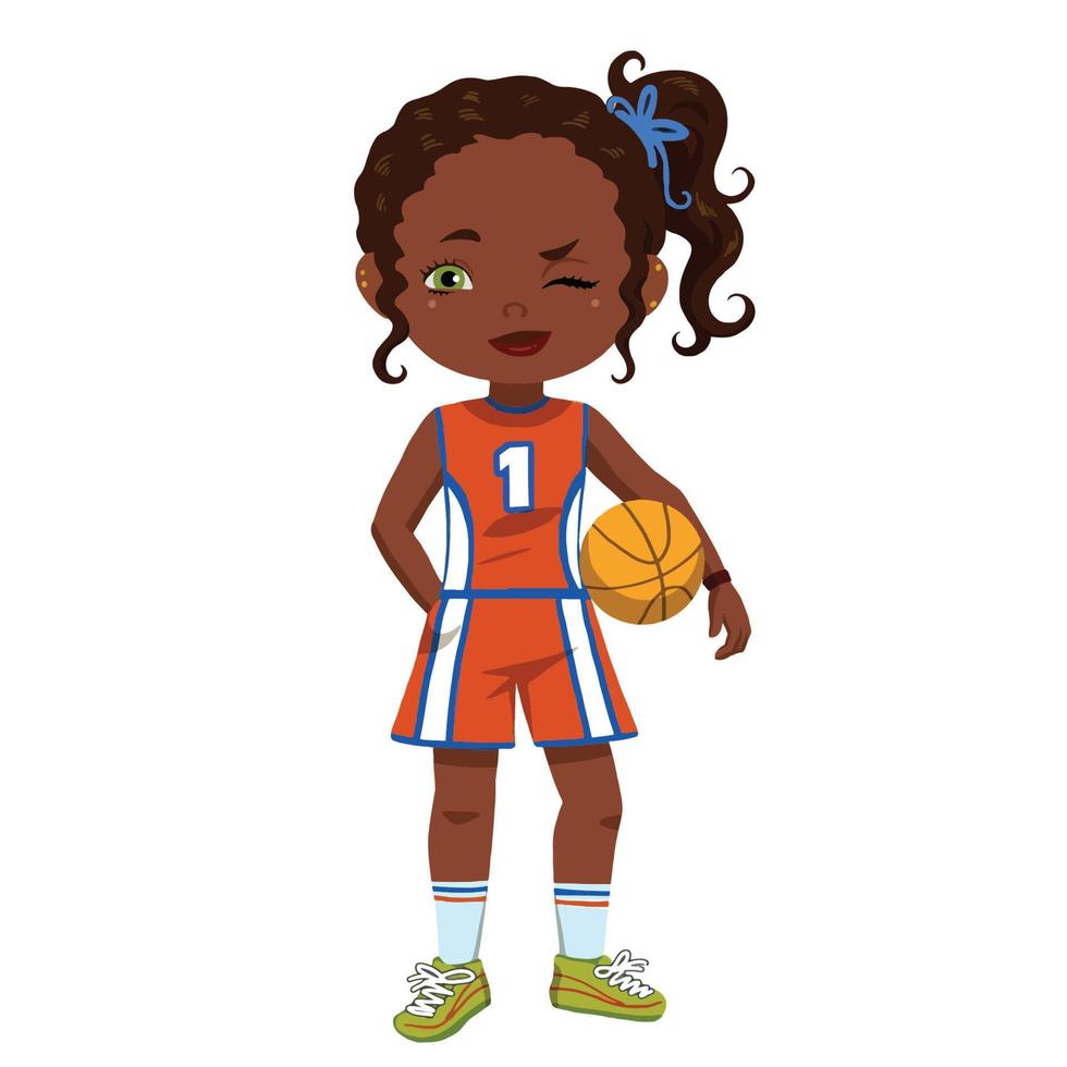 Adorable niña afroamericana de moda con ropa deportiva y baloncesto vector