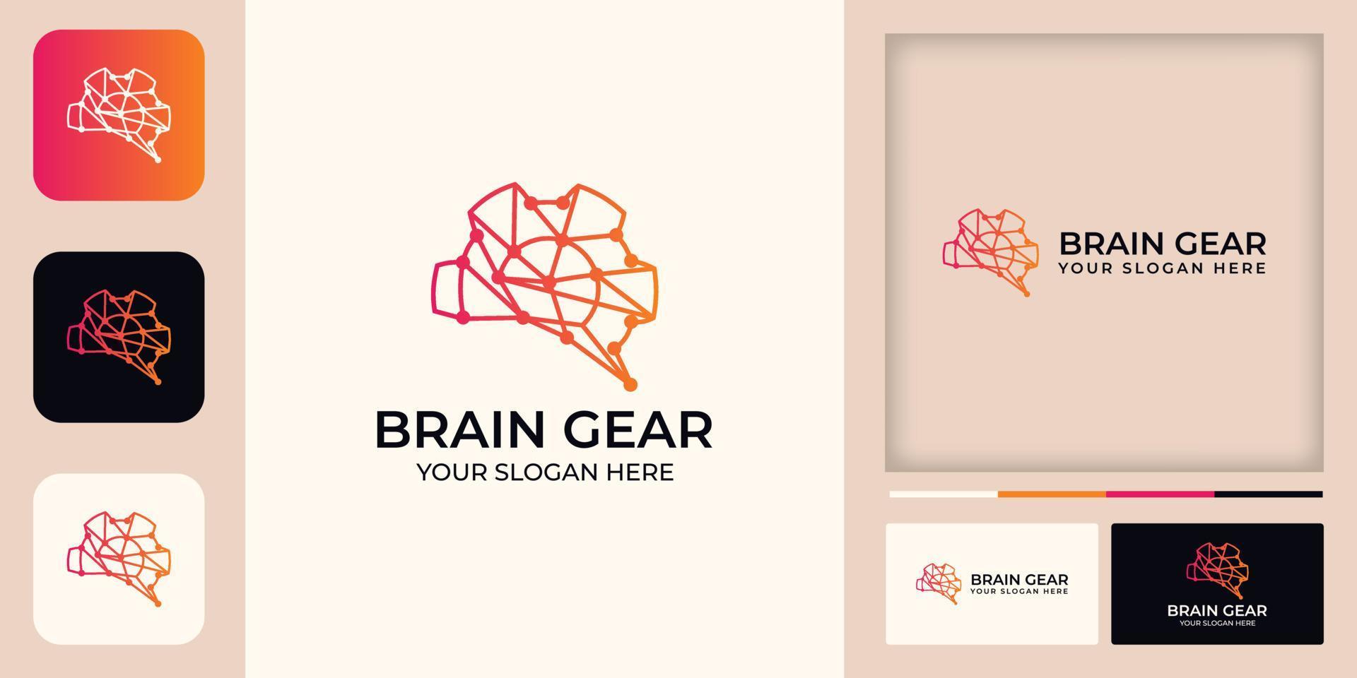 combinación de logotipo de tecnología de cerebro y engranajes con arte lineal de circuito vector