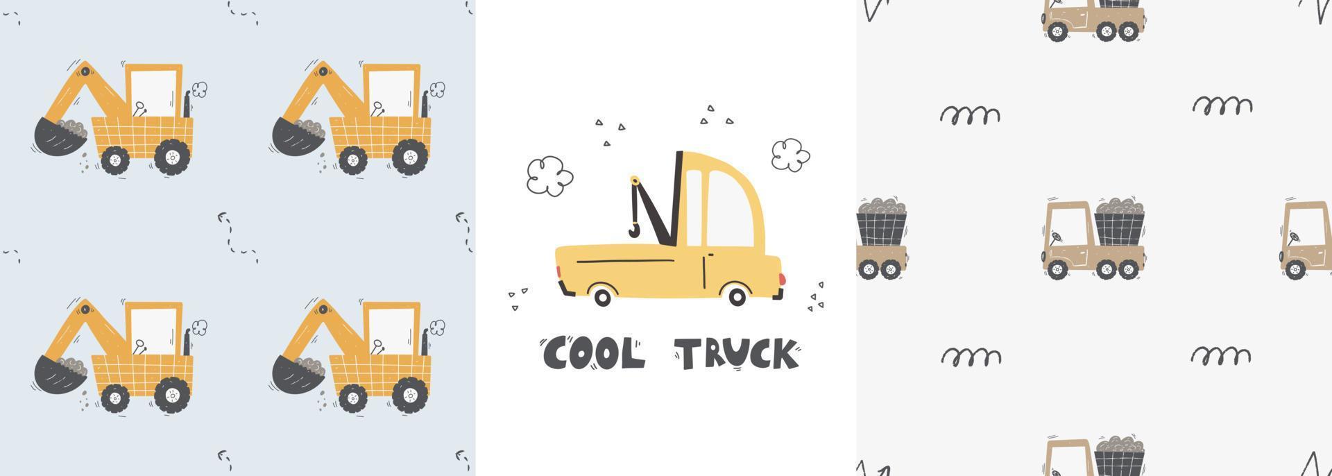 Cute children's seamless pattern with trucks and diggers in Scandinavian style on a white background. Building equipment. Funny construction transport Digital paper vector