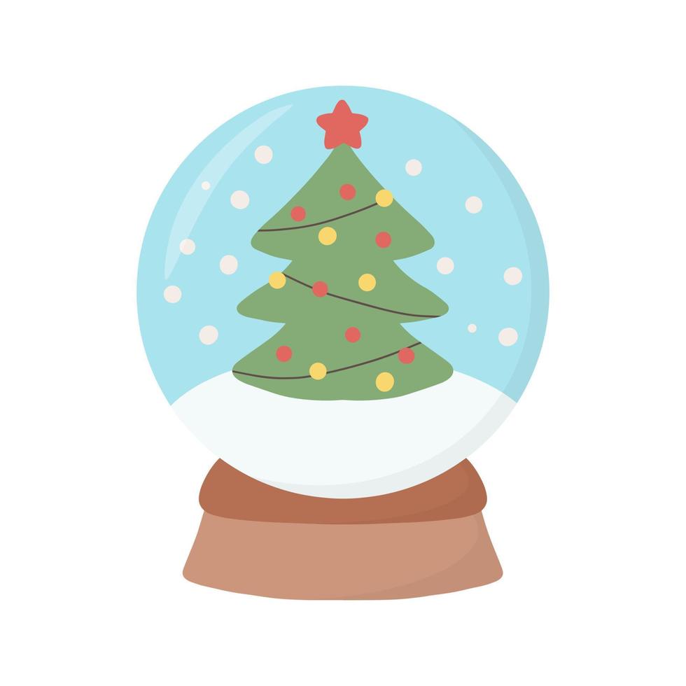Christmas globe glass with tree and snowflakes in winter. Colored flat vector illustration isolated on white background.