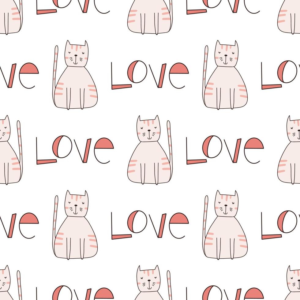 Seamless pattern cute funny cats. Endless background for printing. Hand-drawn childish flat vector illustration in doodle style.