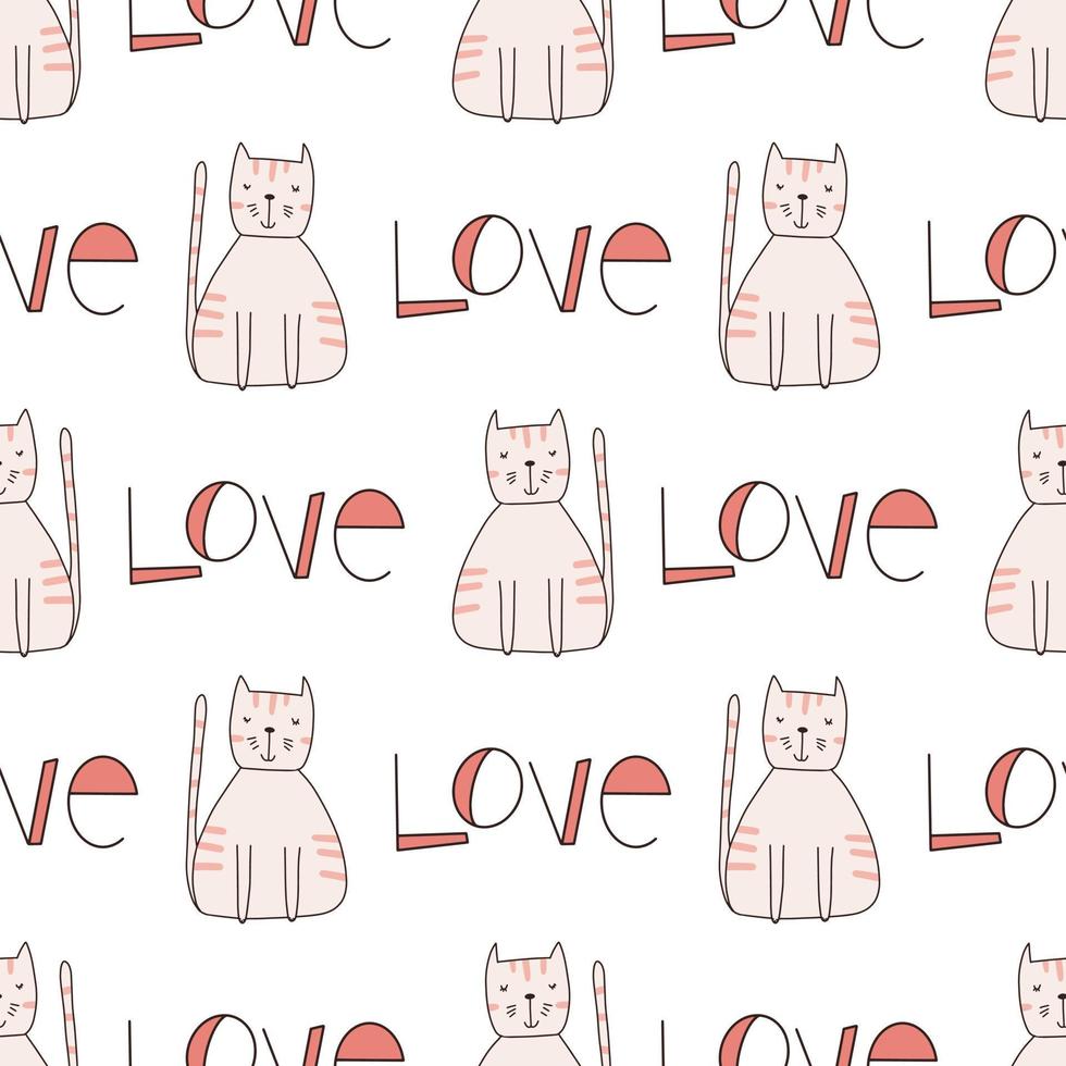 Seamless pattern cute funny cats. Endless background for printing. Hand-drawn childish flat vector illustration in doodle style.