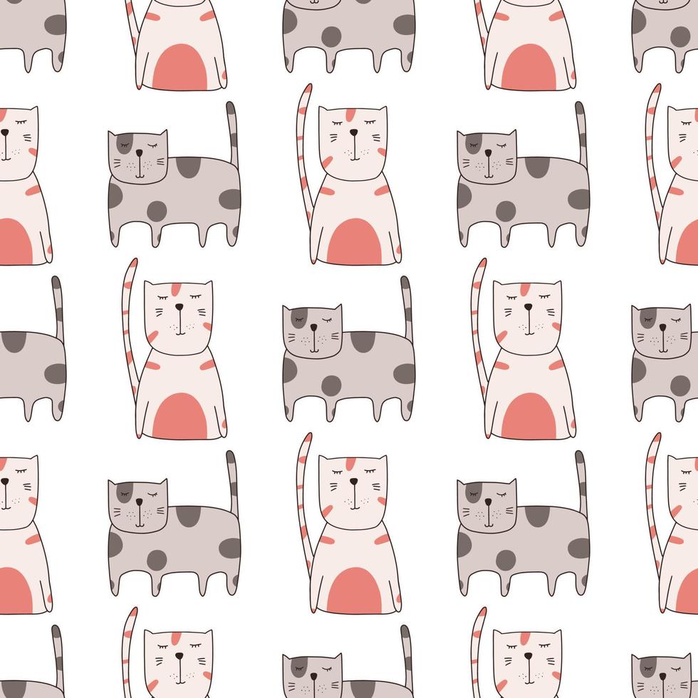 gatos graciosos lindos de patrones sin fisuras. Fondo sin fin para imprimir. Ilustración de vector plano infantil dibujado a mano en estilo doodle.