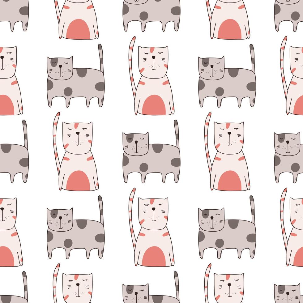 Seamless pattern cute funny cats. Endless background for printing. Hand-drawn childish flat vector illustration in doodle style.