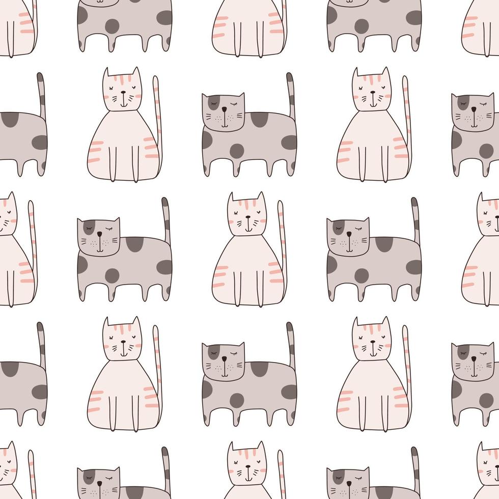 Seamless pattern cute funny cats. Endless background for printing. Hand-drawn childish flat vector illustration in doodle style.