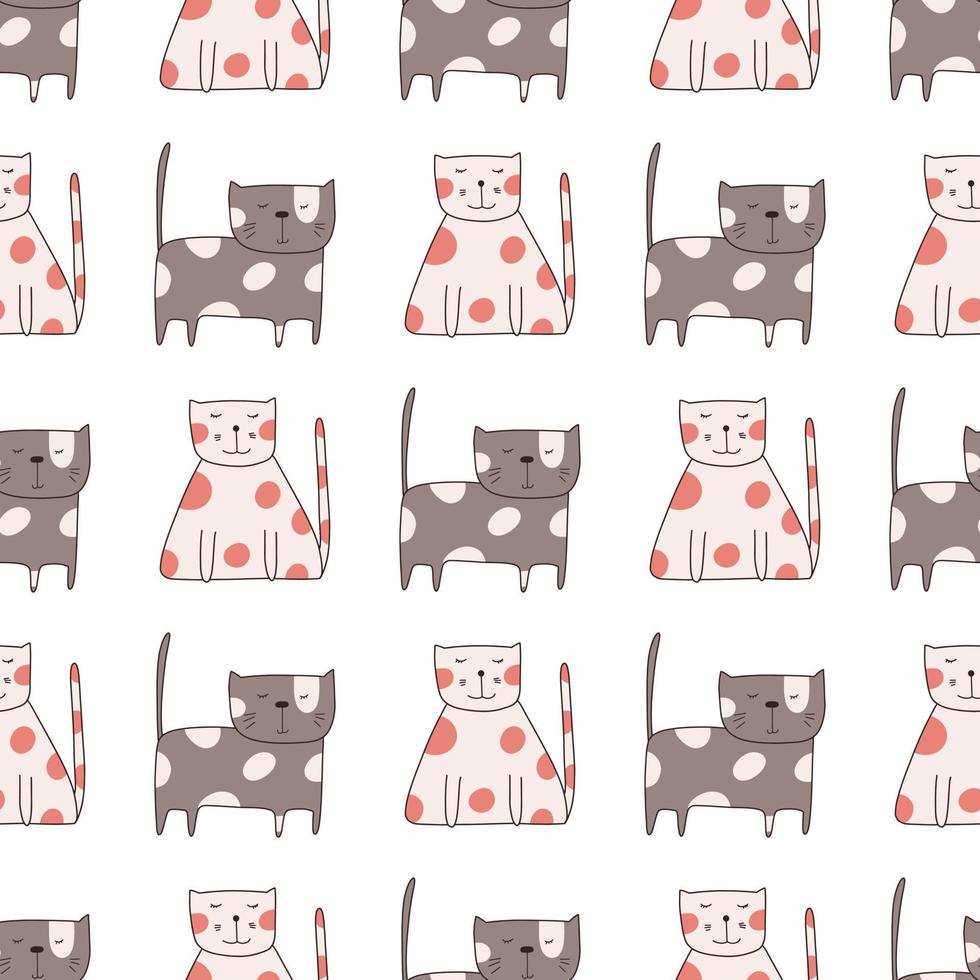 Seamless pattern cute funny cats. Endless background for printing. Hand-drawn childish flat vector illustration in doodle style.