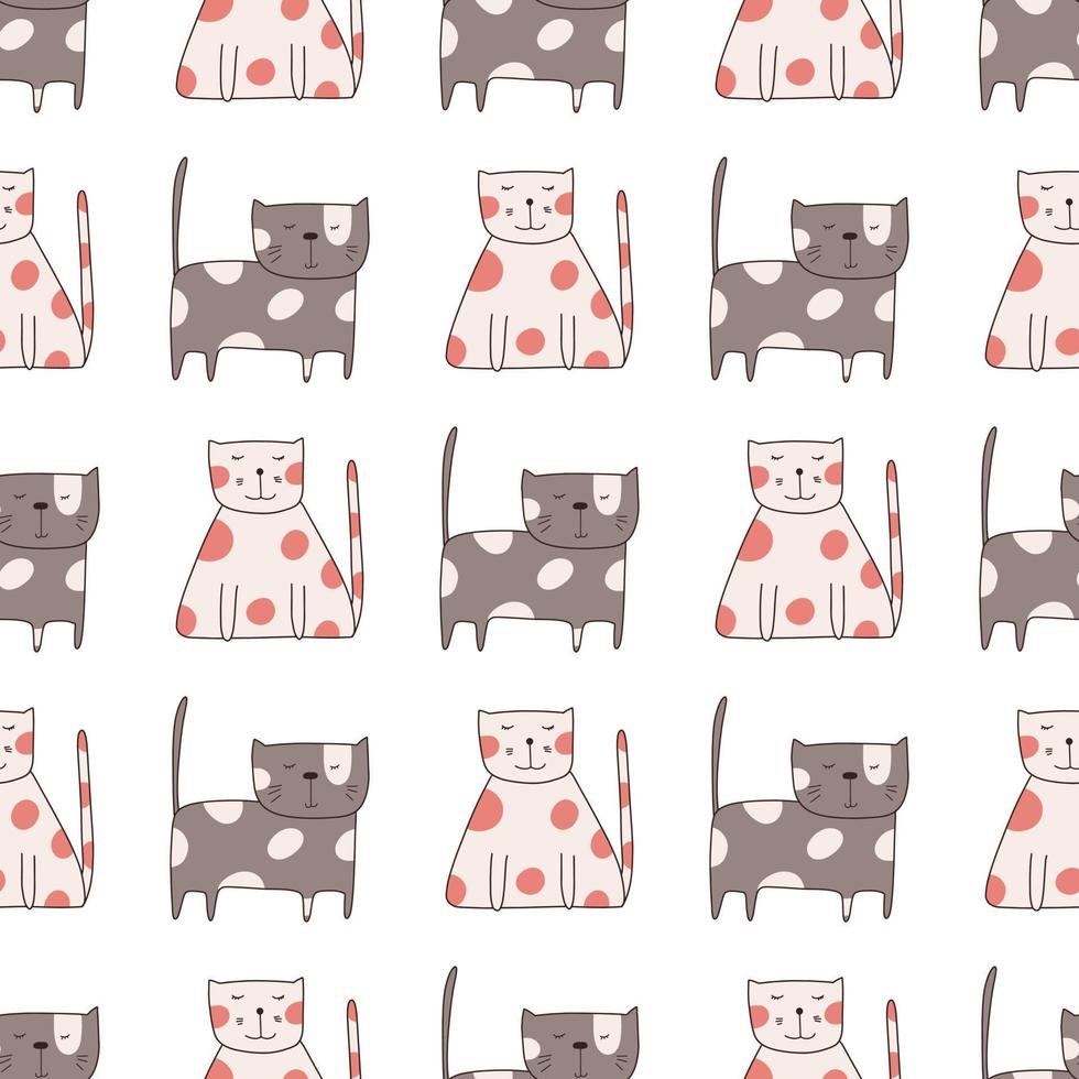 Seamless pattern cute funny cats. Endless background for printing. Hand-drawn childish flat vector illustration in doodle style.