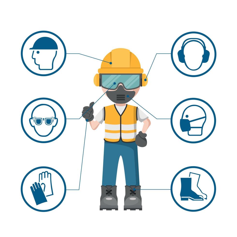 diseño de persona con su equipo de protección personal e iconos de seguridad industrial vector