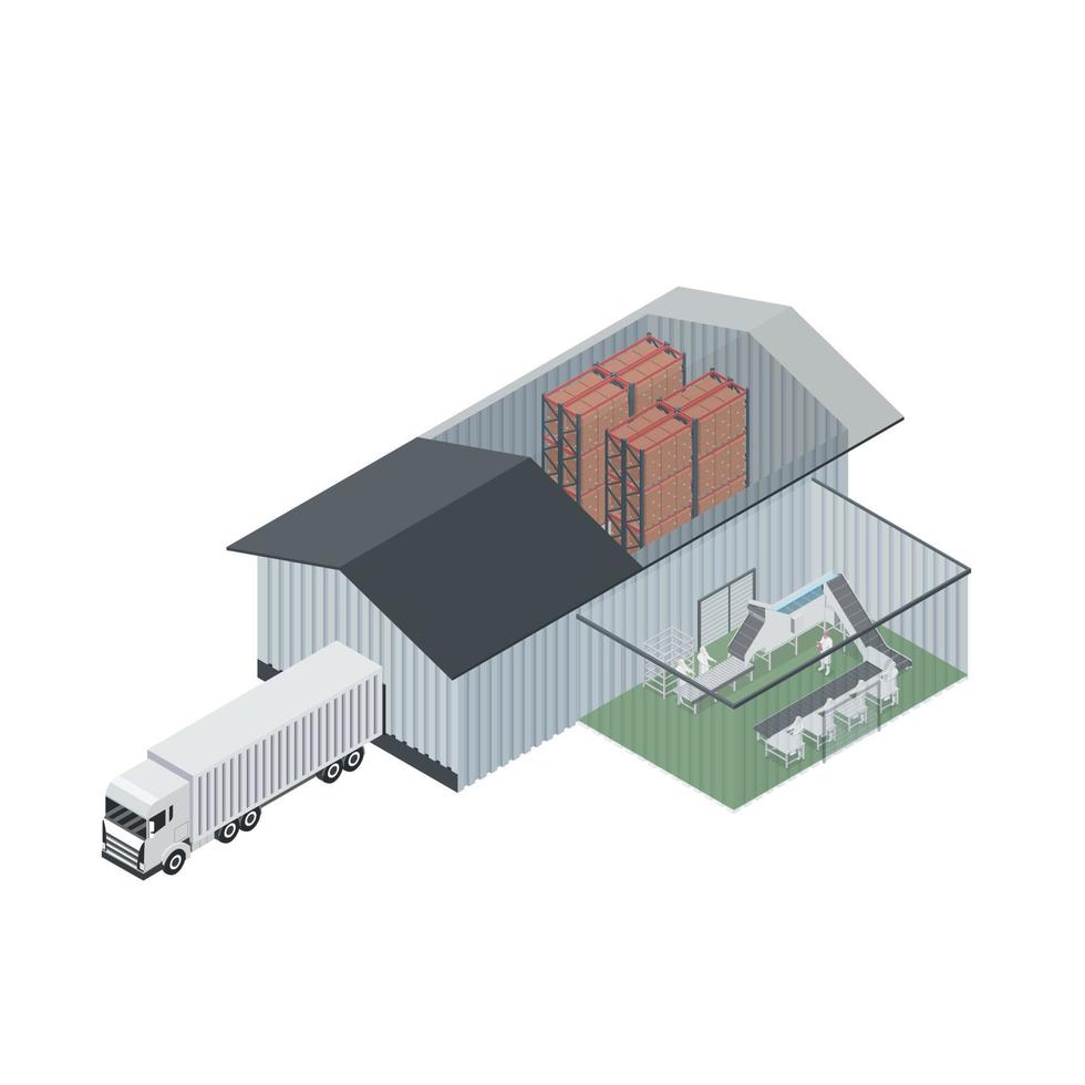 Isometric design of industrial plant. Food plant distribution simulation vector