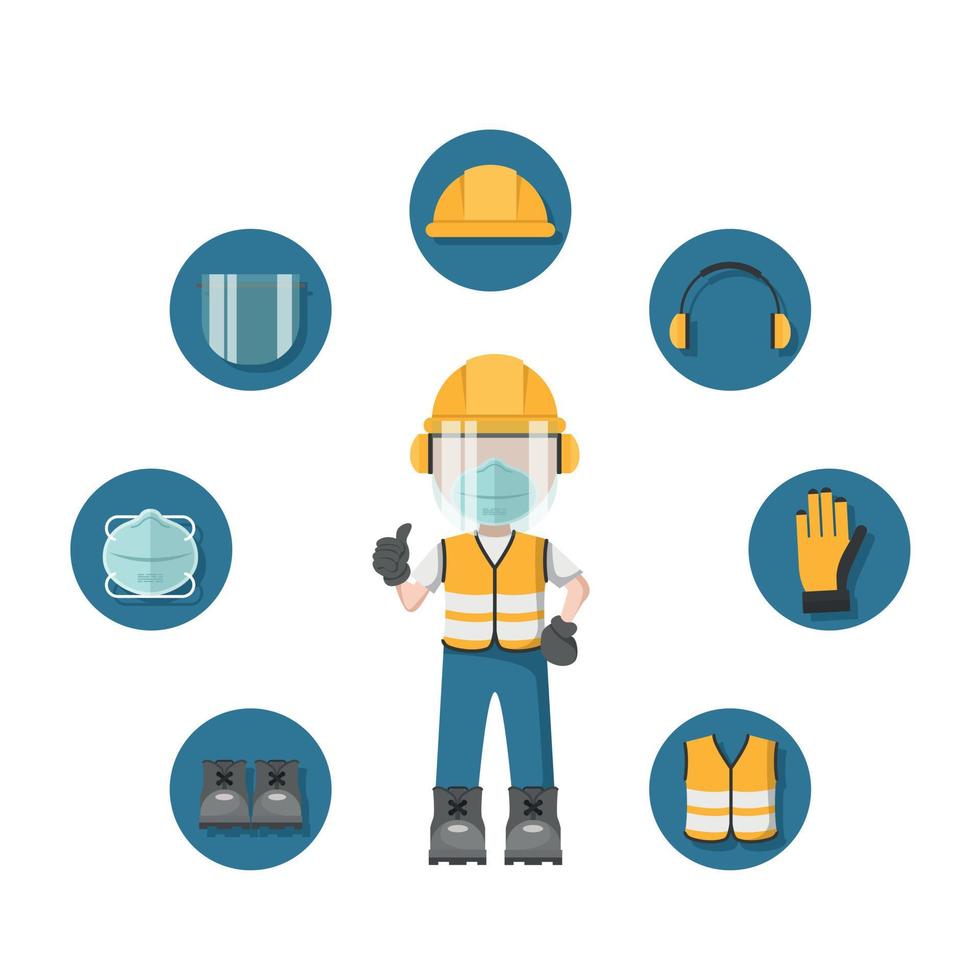 Design of person with his personal protective equipment and face mask and industrial safety icons vector