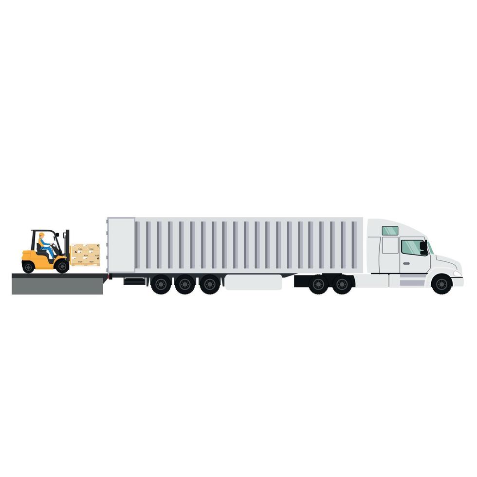 Design of container trailer with forklifts lifting pallet vector