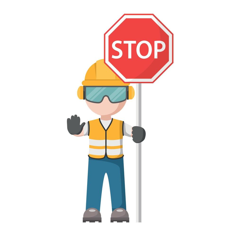 Person design with his personal protection equipment with industrial safety stop icon vector