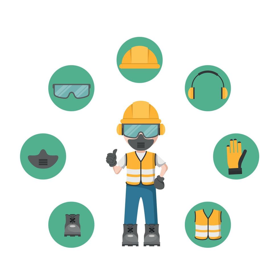 diseño de persona con su equipo de protección personal e iconos de seguridad industrial vector