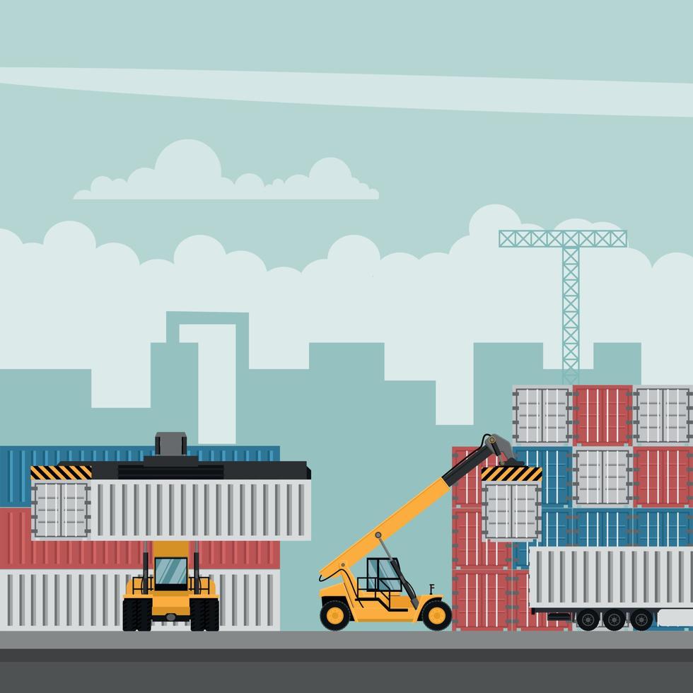 Container port terminal design for export. Container trucks working vector