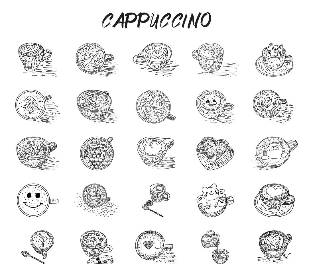 Juego de tazas de café capuchino. vector. vector