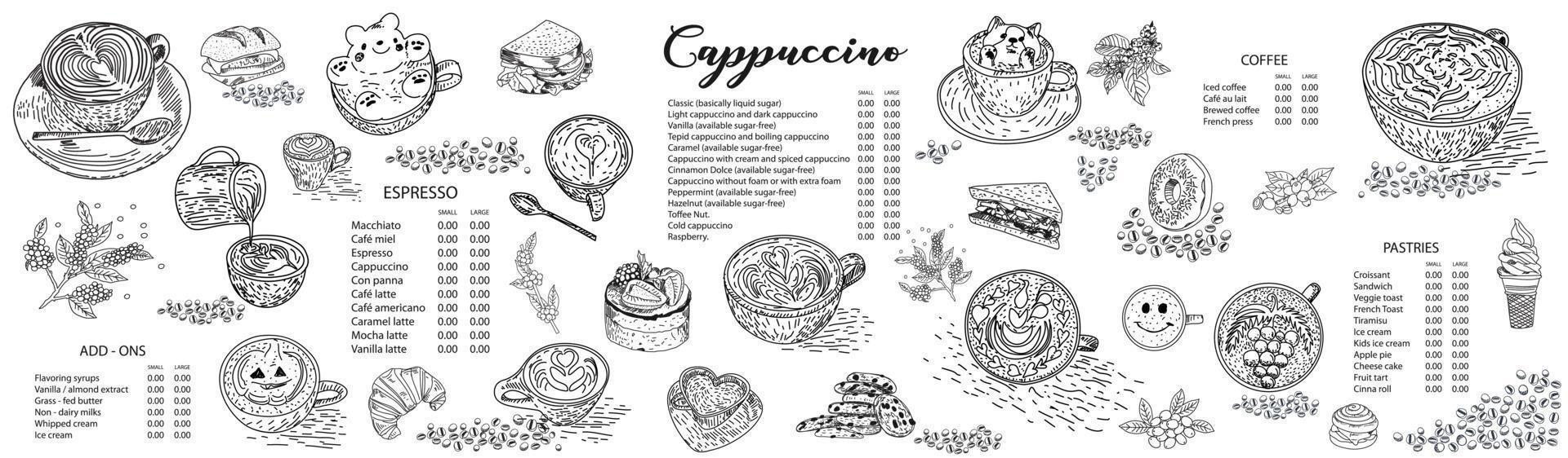 Plantilla de diseño de menú de café capuchino. vector