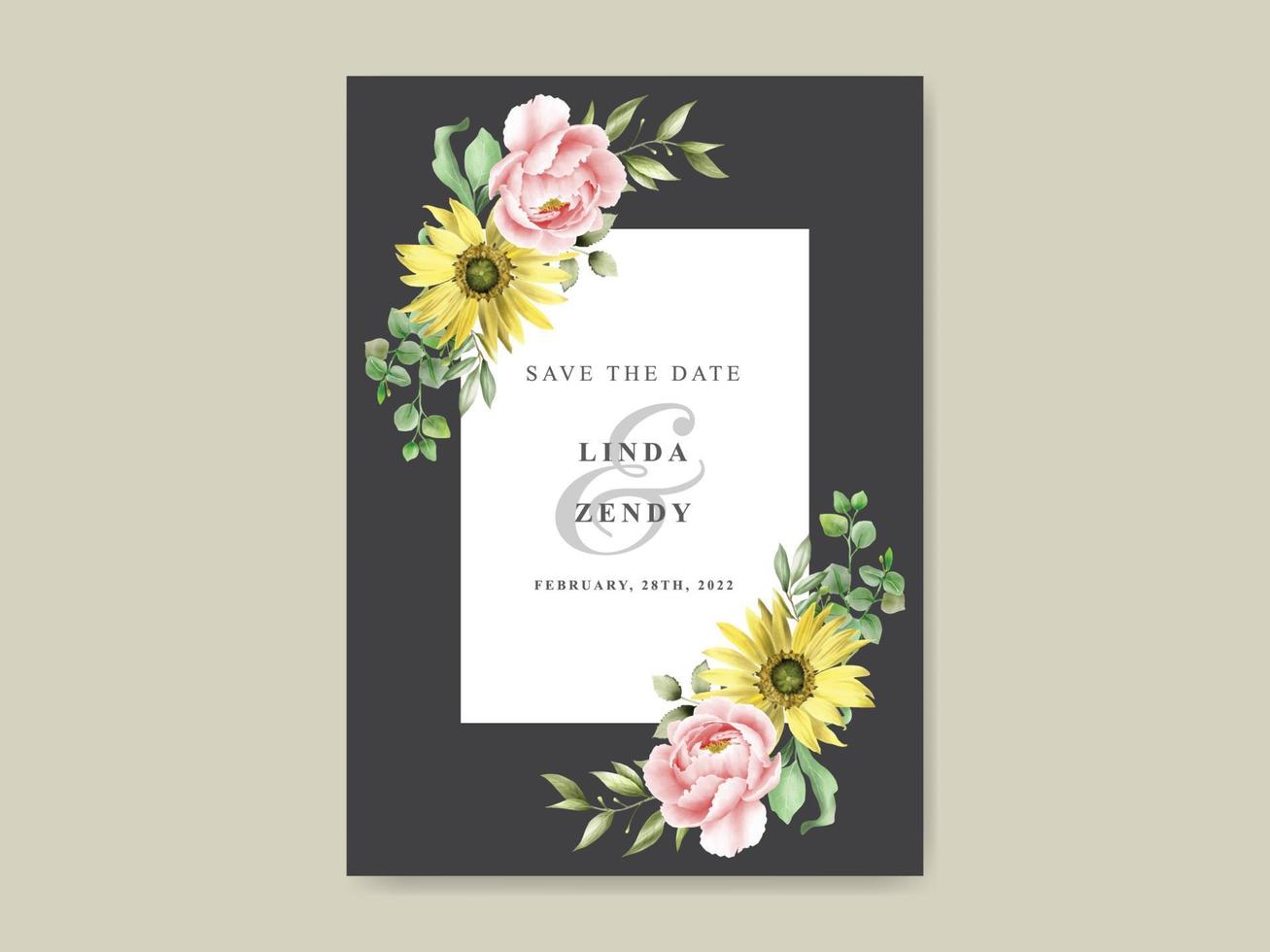 Elegant sunflower and rose watercolor wedding invitation template vector