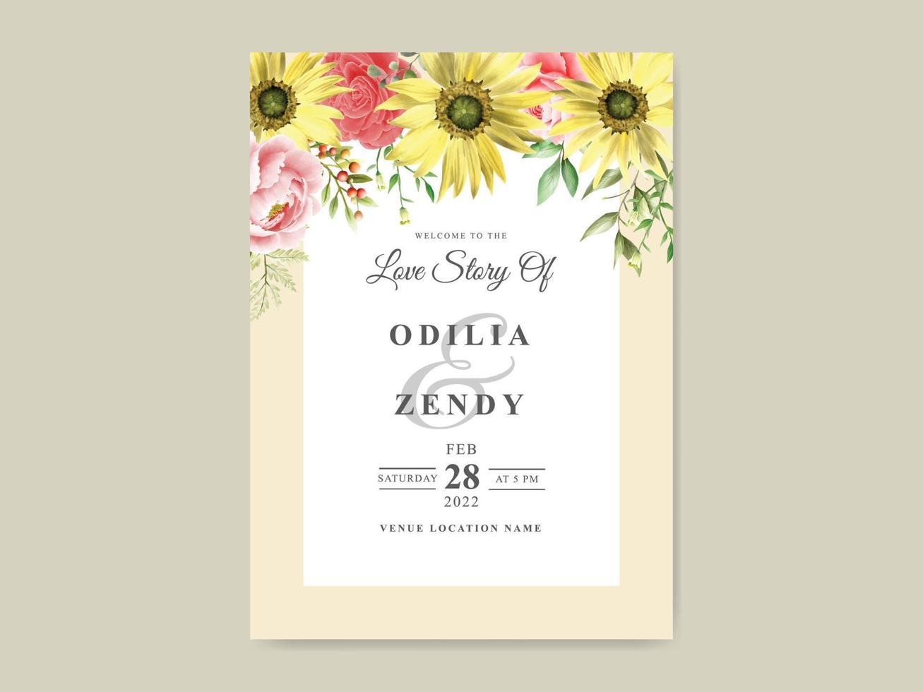 Elegant sunflower and rose watercolor wedding invitation template vector