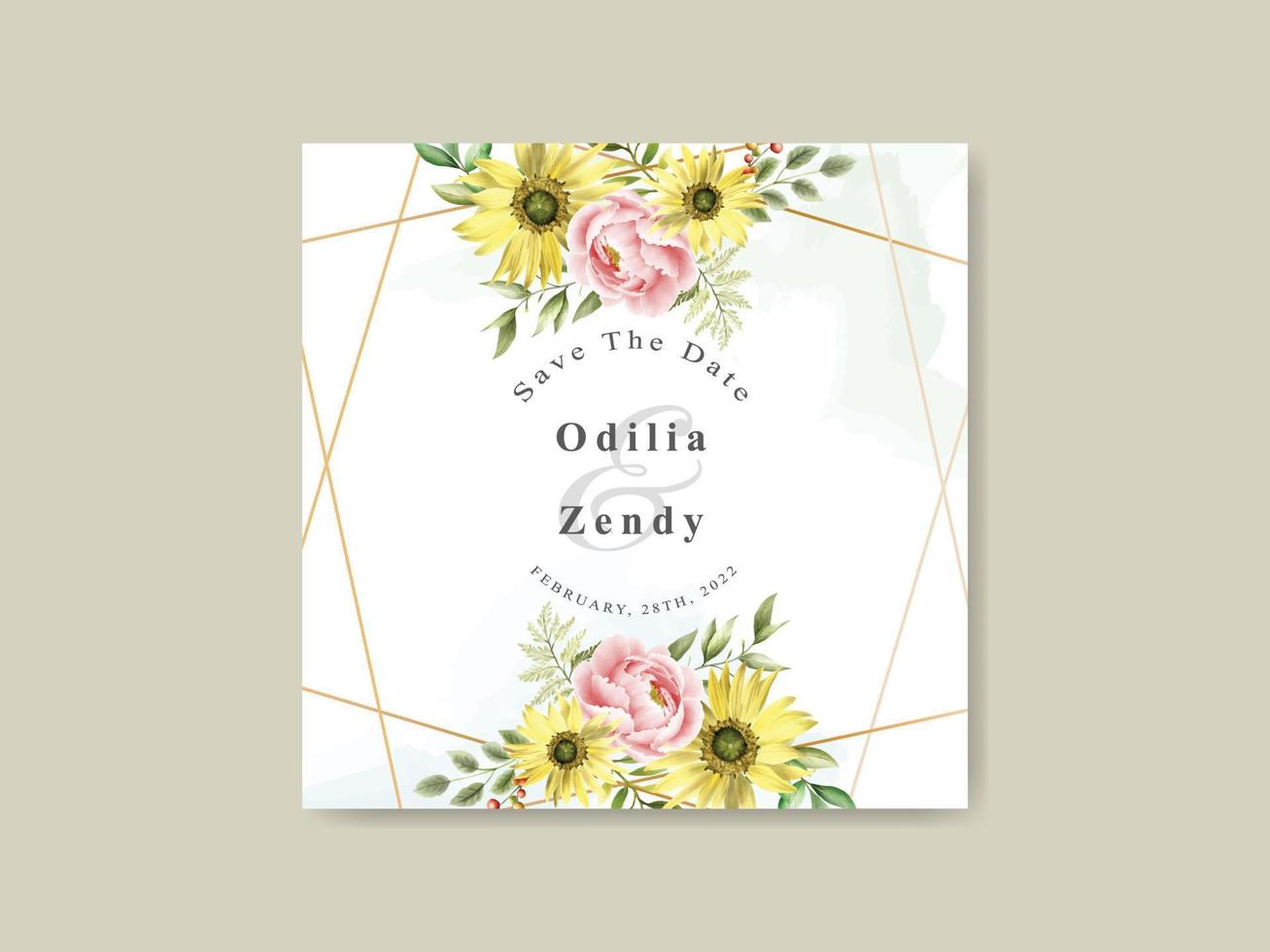 Elegant sunflower and rose watercolor wedding invitation template vector